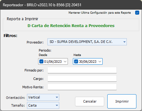 Carta de Retención Renta a Proveedor Brilo ERP Docs